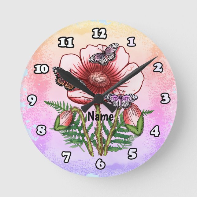 Butterfly Red Poppy  Round Clock (Front)