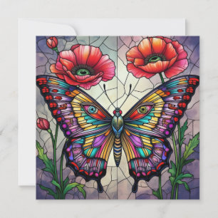 Butterfly & Red Poppy Stained Glass Insect Art Bug Card