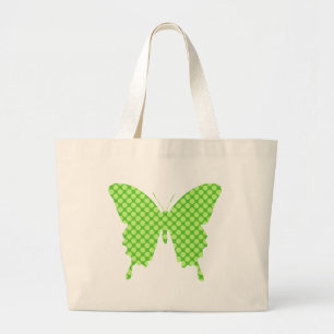Butterfly, retro dots, shades of lime green large tote bag