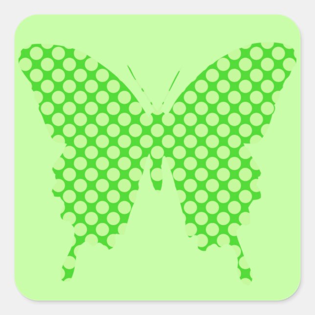 Butterfly, retro dots, shades of lime green square sticker (Front)