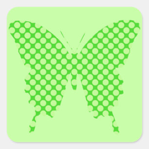 Butterfly, retro dots, shades of lime green square sticker
