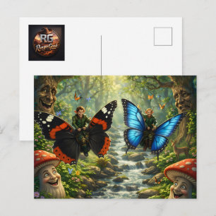 Butterfly rider elves, enchanted forest fantasy ar postcard