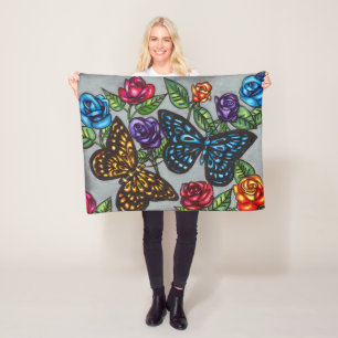 Butterfly rose flowers original nature drawing fleece blanket