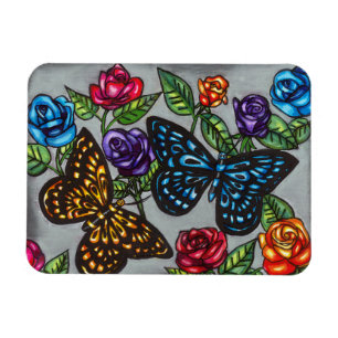 Butterfly rose flowers original nature drawing  magnet