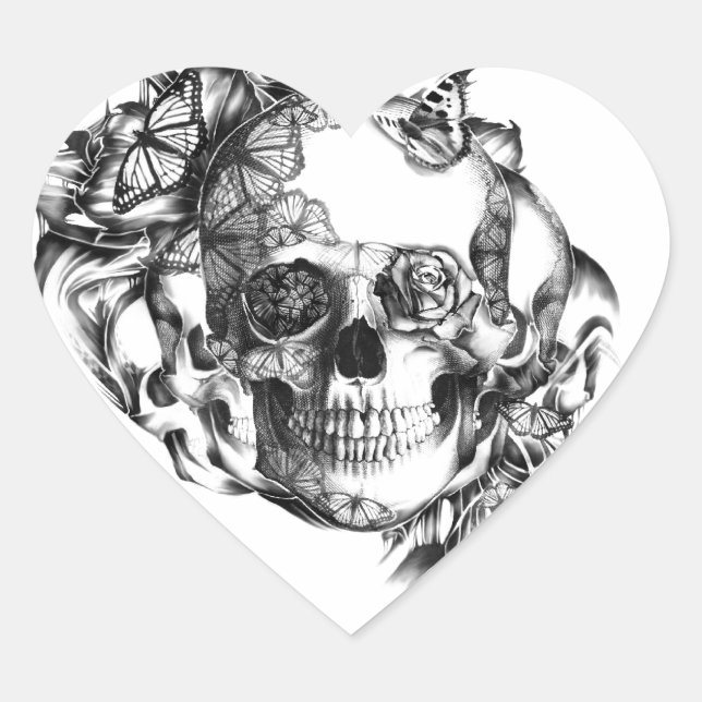Butterfly Rose Skull from hand illustration Heart Sticker (Front)