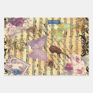 Butterfly, Roses and Notes Ephemera  Wrapping Paper Sheet