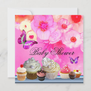 BUTTERFLY,ROSES,FLOWERS ,CUPCAKES Pink Baby Shower Invitation