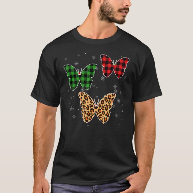 Butterfly  Santa Hat Christmas Pajama Buffalo Plai T-Shirt (Front)