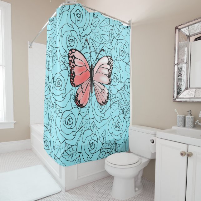 Butterfly Shower Curtain Roses Blue - Your Colors (In Situ)