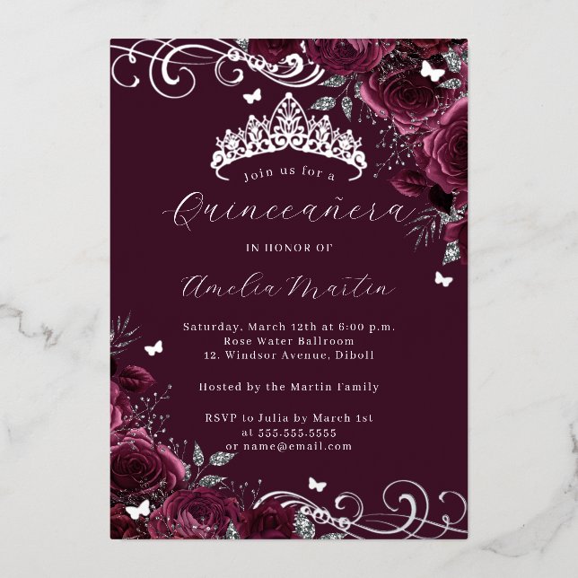 Butterfly Silver Burgundy Floral Quinceanera   (Front)