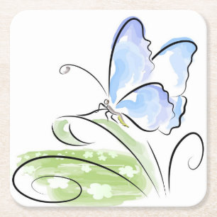 Butterfly sitting on grass over flower field square paper coaster
