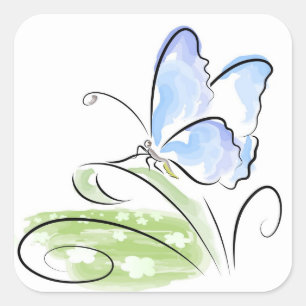 Butterfly sitting on grass over flower field square sticker