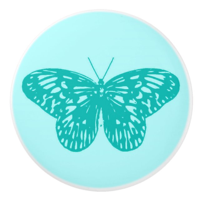 Butterfly sketch, aqua and turquoise ceramic knob (Front)
