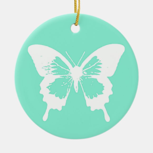 Butterfly sketch, aqua and white ceramic ornament (Front)