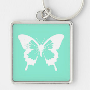 Butterfly sketch, aqua and white keychain