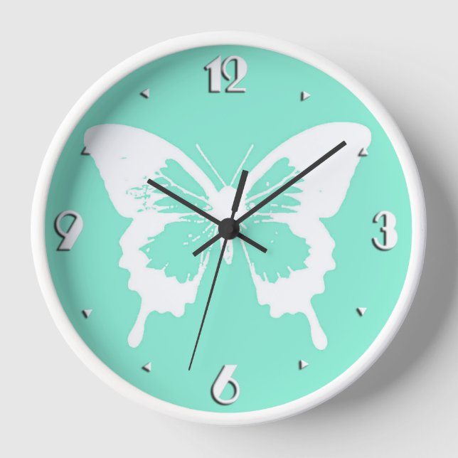 Butterfly sketch, aqua and white wall clock (Front)