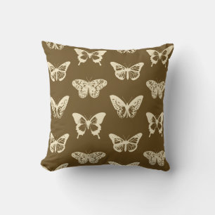 Butterfly sketch, beige on chocolate brown throw pillow