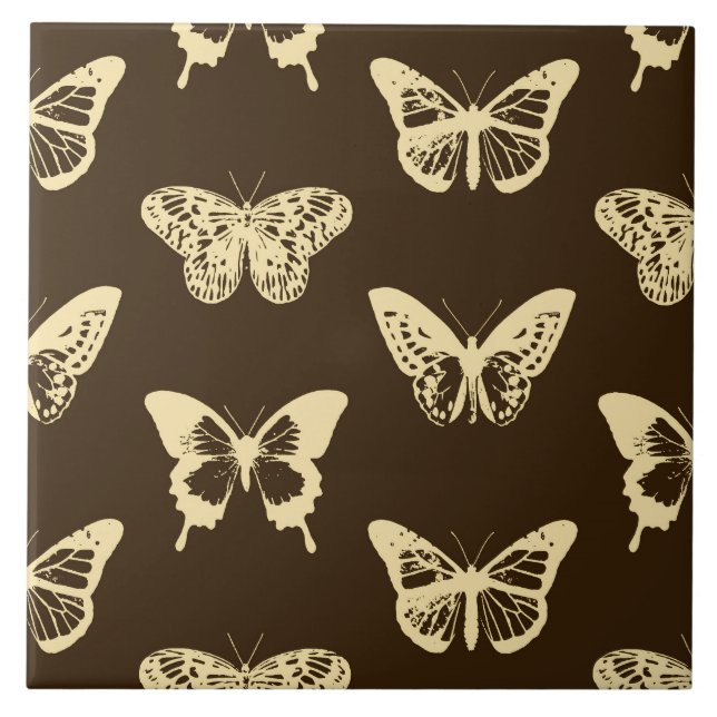 Butterfly sketch, beige on chocolate brown tile (Front)