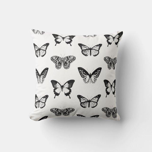 Butterfly sketch, black and white throw pillow (Front)