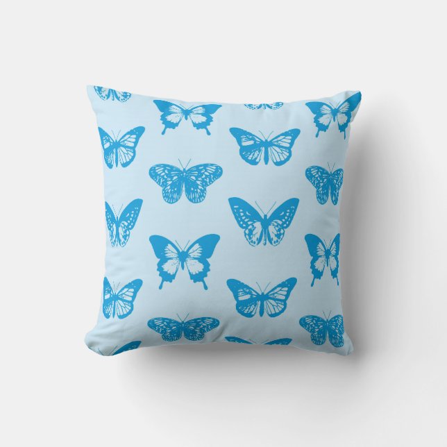 Butterfly sketch, cerulean and sky blue throw pillow (Front)
