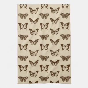 Butterfly Sketch, Chocolate Brown on Beige Kitchen Towel