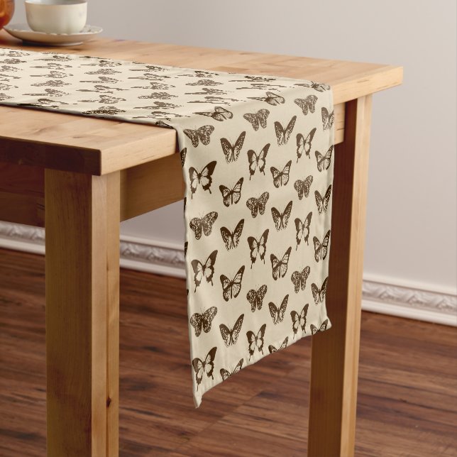 Butterfly Sketch, Chocolate Brown on Beige  Short Table Runner (In Situ)