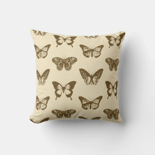 Butterfly sketch, chocolate brown on beige throw pillow