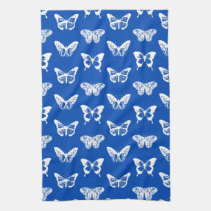 Butterfly sketch, cobalt blue and white kitchen towel
