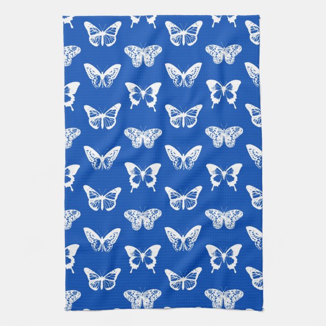 Butterfly sketch, cobalt blue and white kitchen towel (Vertical)