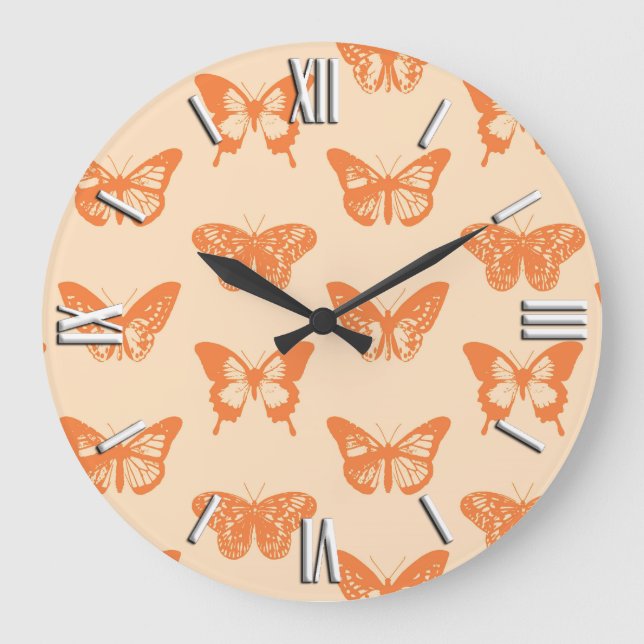 Butterfly sketch, coral orange large clock (Front)