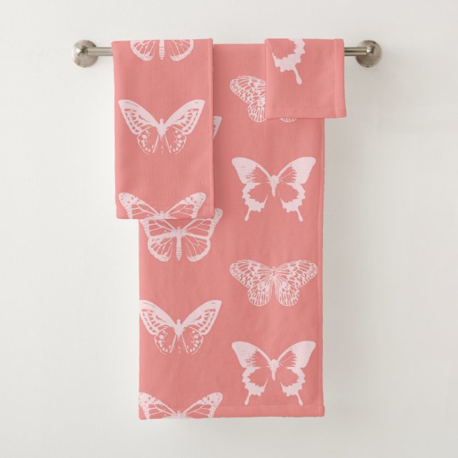 Butterfly sketch, coral pink bath towel set (Insitu)