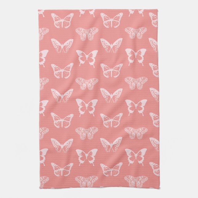 Butterfly Sketch, Deep Coral Pink  Kitchen Towel (Vertical)