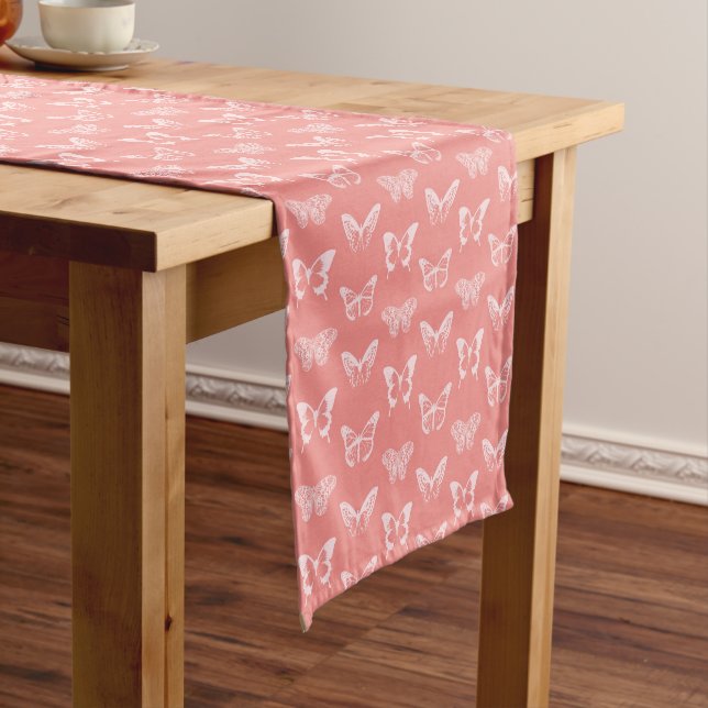 Butterfly Sketch, Deep Coral Pink  Short Table Runner (In Situ)