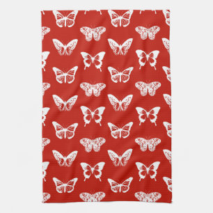 Butterfly sketch, deep red and white kitchen towel