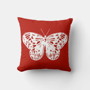 Butterfly sketch, deep red and white throw pillow