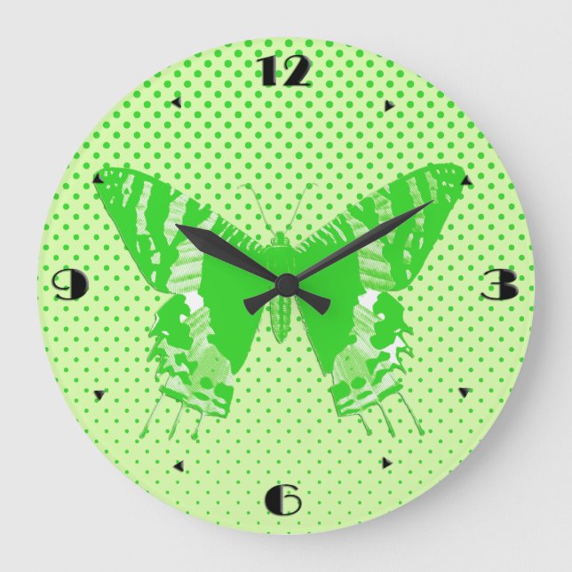 Butterfly sketch, lime green large clock (Front)