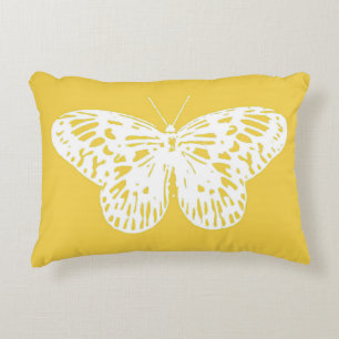 Butterfly sketch, mustard gold and white accent pillow