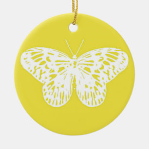 Butterfly sketch, mustard gold and white ceramic ornament