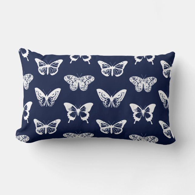 Butterfly sketch, navy blue and white lumbar pillow (Front)