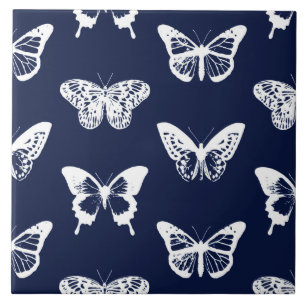 Butterfly sketch, navy blue and white tile