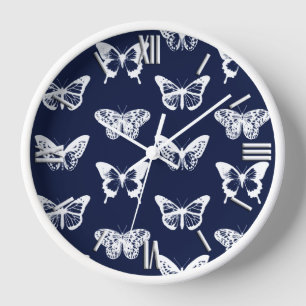 Butterfly sketch, navy blue and white wall clock