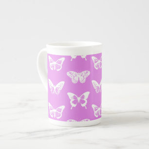 Butterfly sketch, orchid and white bone china mug