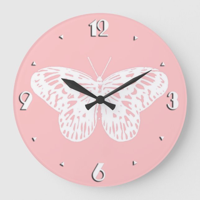 Butterfly sketch, shell pink and white large clock (Front)