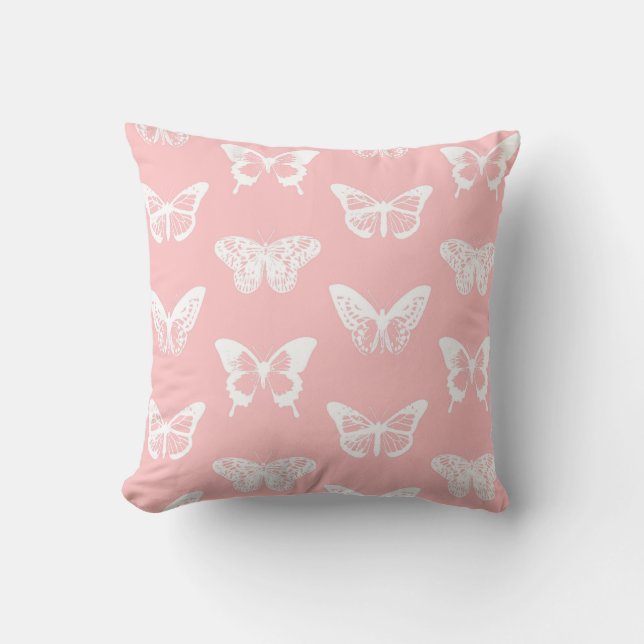 Butterfly sketch, shell pink and white throw pillow (Front)