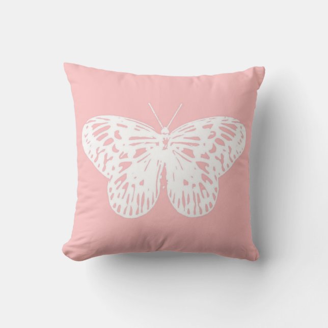 Butterfly sketch, shell pink and white throw pillow (Front)