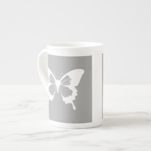 Butterfly sketch, silver grey and white bone china mug