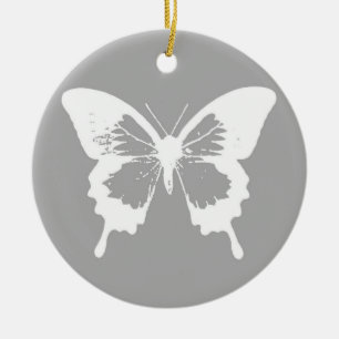Butterfly sketch, silver grey and white ceramic ornament