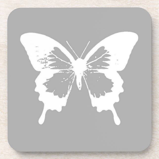 Butterfly sketch, silver grey and white coaster (Front)