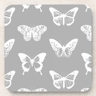 Butterfly sketch, silver grey and white coaster