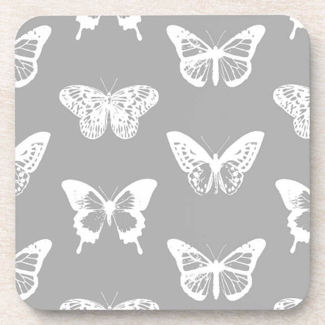 Butterfly sketch, silver grey and white coaster (Front)